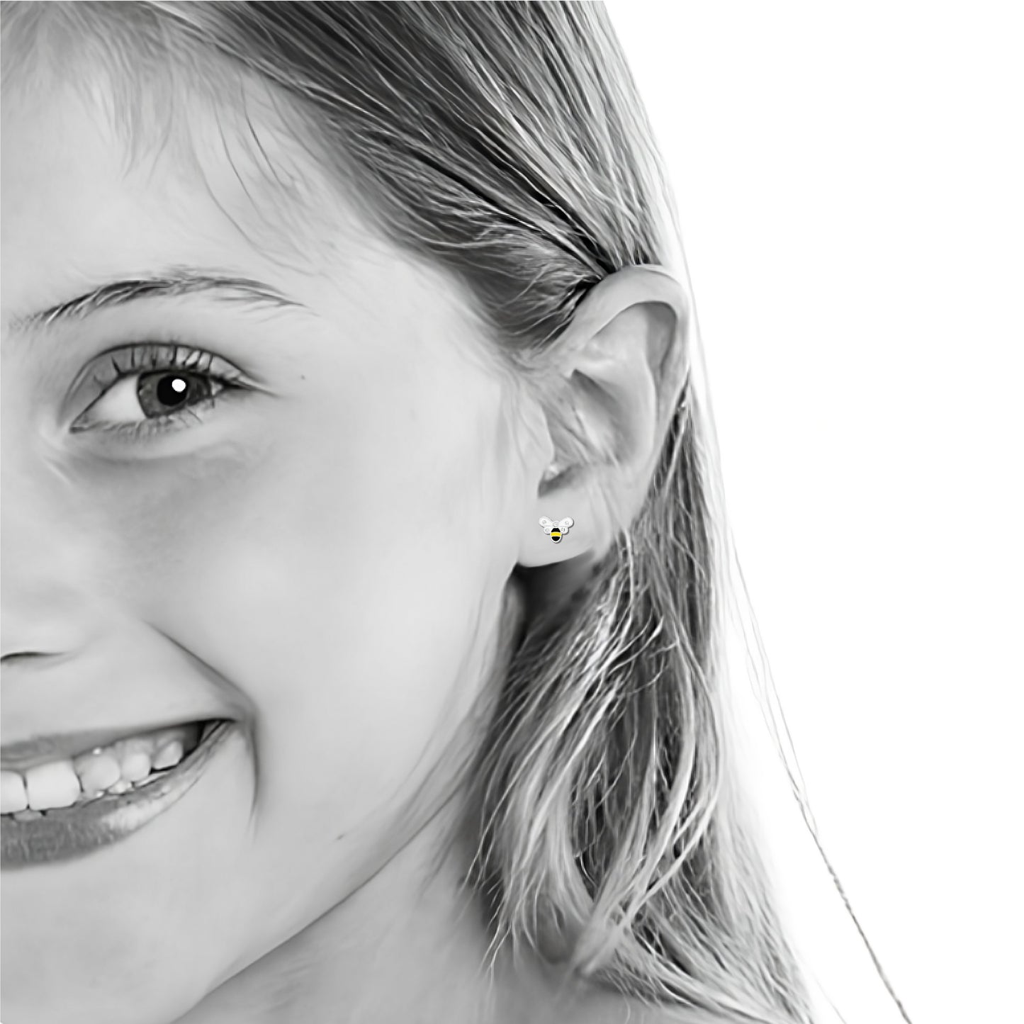 Children's Silver Bee Ear Studs with Crystal