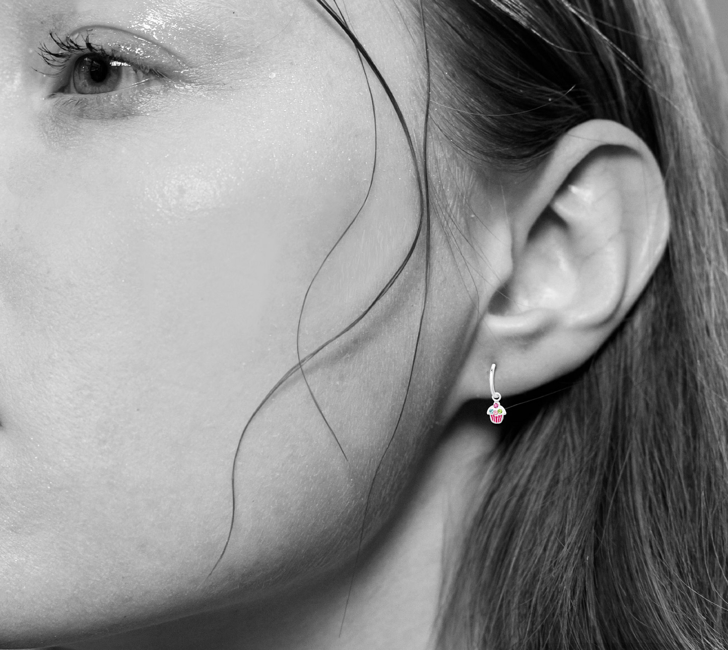 Silver Ear Hoops with Hanging Cupcake and Crystal
