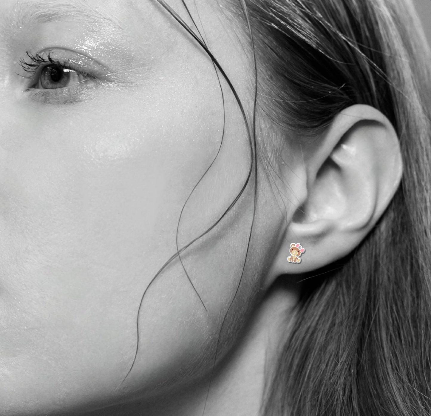Silver Bear Ear Studs with Crystal